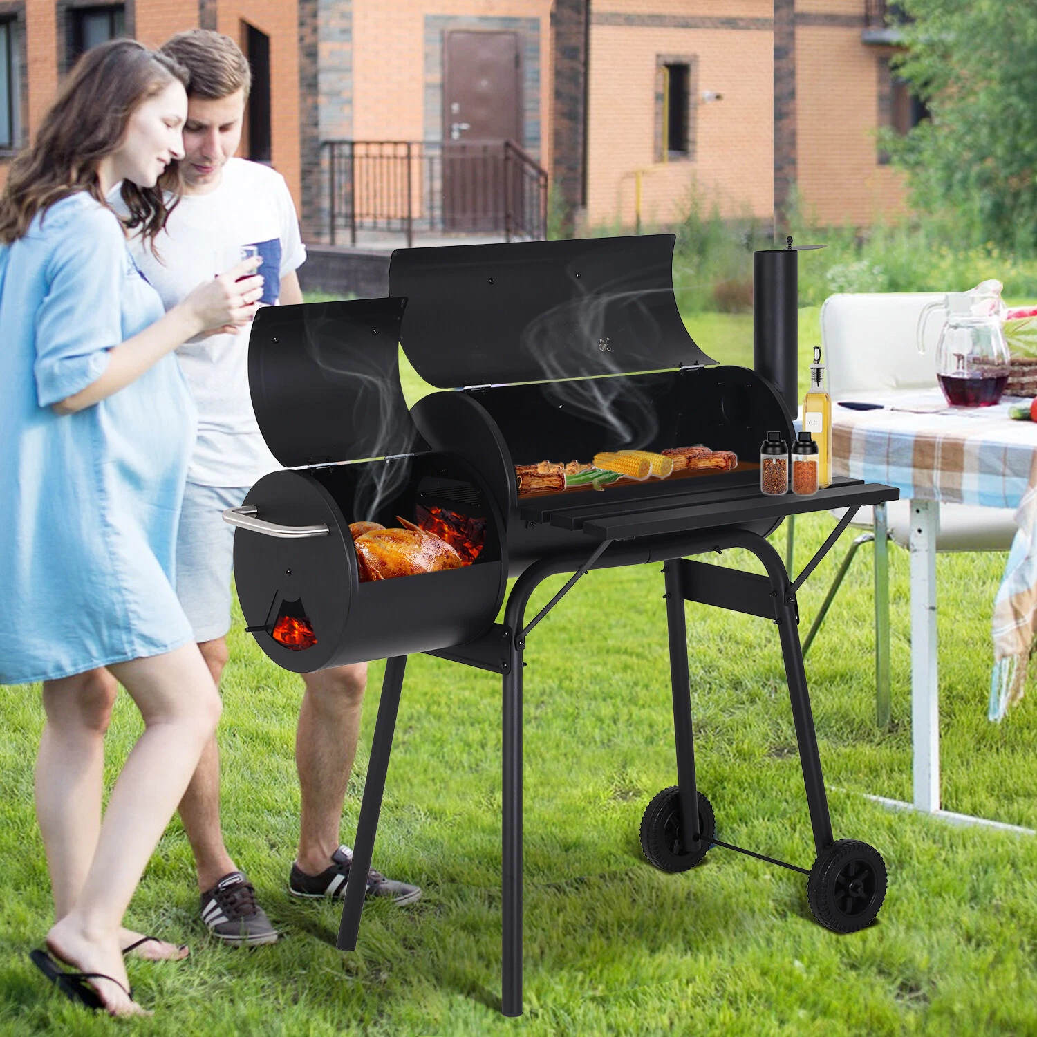BBQ Grill Charcoal Barbecue Pit Outdoor Meat Cooker Smoker Tools Portable Black