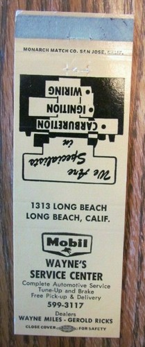 WAYNE MILES MOBILE TANKSTELLE STREICHHOLZSCHACHTEL MATCHCOVER: LONG BEACH, KALIFORNIEN -E15