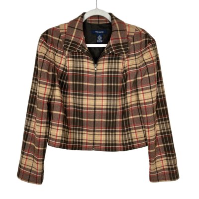 【COLOR iN ID】Mellow Crop Leather Jumper The Limited Womens Vintage Brown Red Plaid Cropped Wool Zip