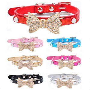 Cool-Dog-Collars-Small-Dogs-Bling-Crystal-Bow-Leather-Pet-Collar-Puppy-Necklace
