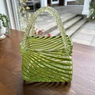 Vintage Hand Blown Art Green & Yellow Stripe Murano Style Glass Purse/Vase