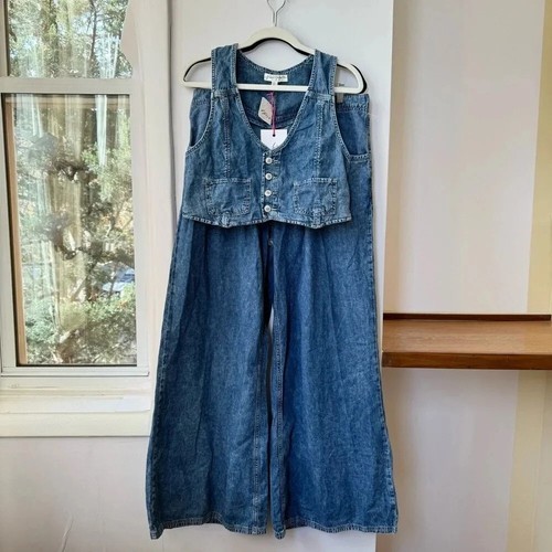 Neu mit Etikett Free People Rider Denim Weste Anzug Hose passendes Set jeansblau Medium - Bild 5 von 16