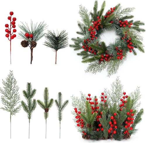 200 Pcs Christmas Artificial Pine Needles Branches Garland Red Berries Stems Gre