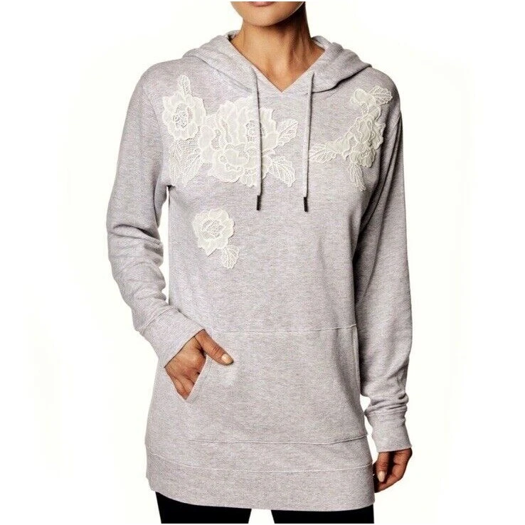 Sudadera con Capucha Betsey Johnson Para Mujer Gris Floral Encaje Apliques Rendimiento Pullover M Foto 3 de 4