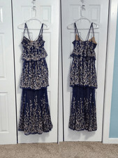 BCBGMAXAZRIA Tiered Maxi Dress Size 2 Navy Gold Floral Lace