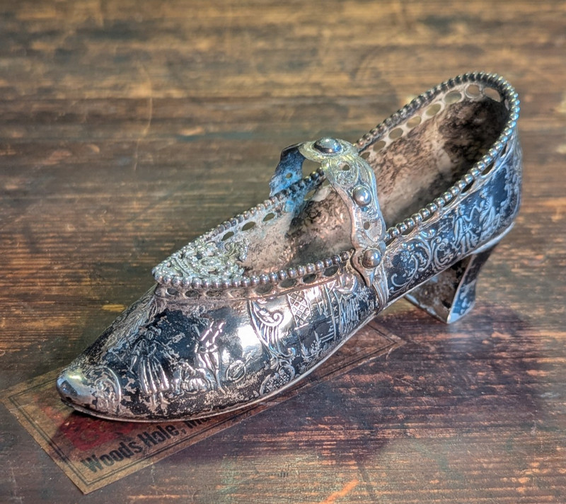 Antique Silver Hanau German or Dutch miniature Lady's Repousse decorative Shoe