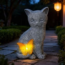Solar Cat Garden Decor with Butterfly Light, Outdoor Decor Statues Yard Art D...
