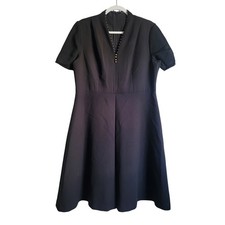T. Tahari Black Studded V Neck Short Sleeve Fit Flare Casual Midi Dress Size 16