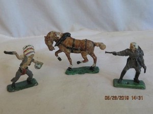 Native Chief & Frontiers Man with Tools & Horse Lead Figurine Metal 2.5"RARE