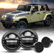 Pair Halo 7'' Round LED Headlights + Turn Signal Lamps For Jeep Wrangler JK JKU