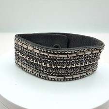 Vintage 90s Gray Suede Cuff Bracelet Hematite Tone Glass Glam Punk Jewelry