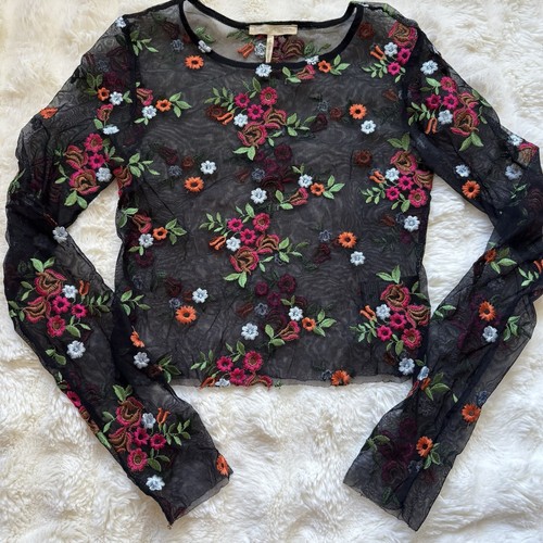 Urban Outfitters Mesh Top Black Floral Embroidery Festival Grunge Small - Picture 5 of 11