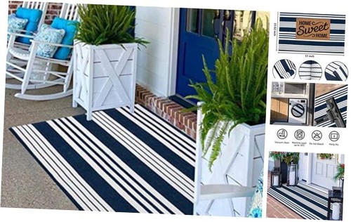 Blue and White Striped Rug 24'' x 51'' Outdoor Front Porch Rug Front Door Mat