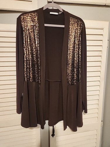 Neu ohne Etikett Susan Graver Damen-Cardigan vorne offen SCHÖN BRAUN MIT GOLD GRÖSSE XL