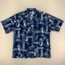 AFTCO Bluewater Camp Shirt Mens Blue Pineapple Swordfish AOP Aloha USA Rayon