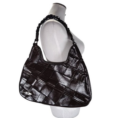 Elliot Lucca Patent Leather Basket Weave Hobo Bag Brown Y2K Shoulder 