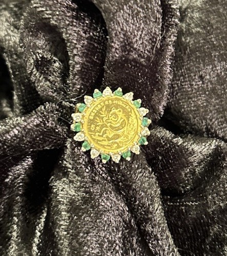 1981 24K Gold 5 Yuan Chinese Panda Coin Gold Ring 10k 7.5 Emeralds Diamonds - Picture 8 of 10