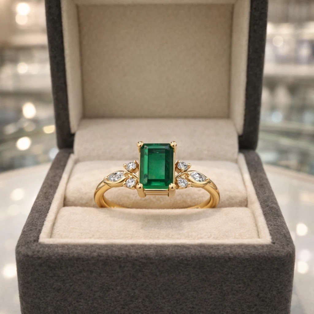 Emerald Simulated Green Emerald Engagement Stunning Ring 14k Yellow Gold Plated