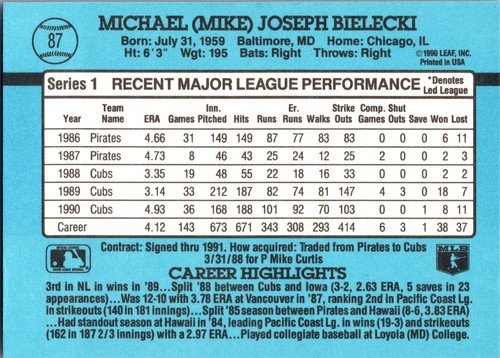 1991 Donruss #87b Mike Bielecki - Picture 2 of 2
