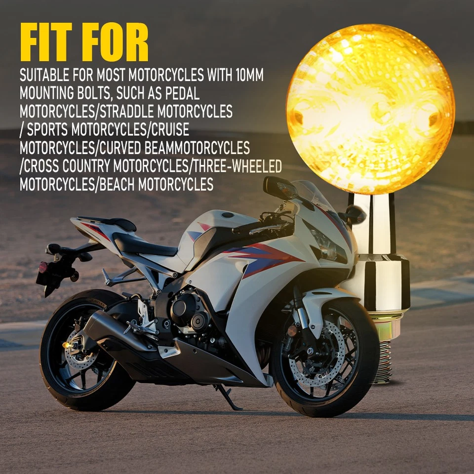 4PCS AMBER TURN SIGNAL INDICATOR LIGHTS CHROME UNIVERSAL 10MM THREAD MOTORCYCLE - Image 3 of 4