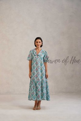 Pastel Multi Tiered Cotton A-Line Dress with Flat Vintage Collar