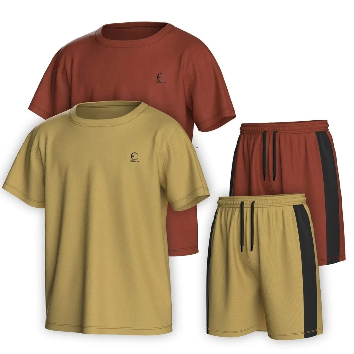 Essenclo Men's 4-Piece Athletic Set 2 T-Shirts + 2 Shorts Gym Sport Activewear O