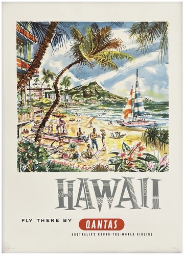 Original Vintage Poster HAWAII FLY BY THERE BY QANTAS Airline Travel Tourism OL
