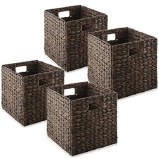 Set of 4 Hyacinth Storage Cubes, 10.5" Wicker Basket Bins for Shelves, Espresso