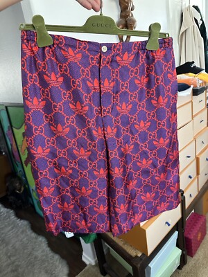 New Gucci X Adidas GG/Trefoil Print Silk Twill Men s Shorts Size 48 (MED)