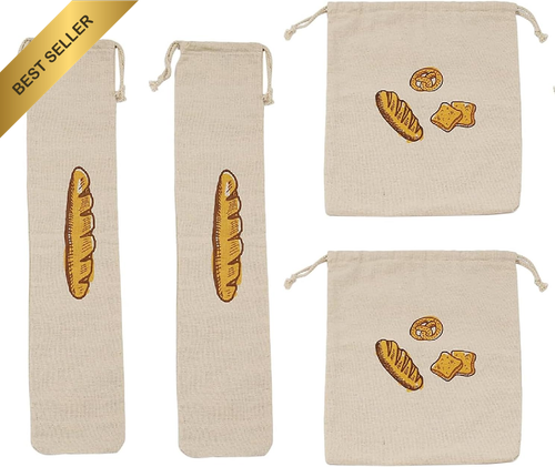 4 Pack Reusable Linen Bread Bags Homemade Large Cloth Drawstring Baguette - Picture 8 of 12