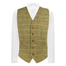 Luxury Green Herringbone Windowpane Check Waistcoat, Tweed