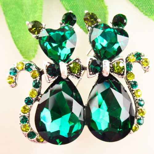ZY313 Green Rhinestone Tibetan Silver Cat Halloween Pendant Bead Brooch - Picture 1 of 2