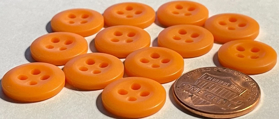 12 Vtg Matte Orange Tangerine 4-hole Plastic Buttons Almost 9/16" 14mm NOS 13273 - Image 2 of 2