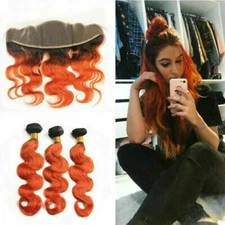 1B#/ORANGE ROOT OMBRE BRAZILIAN VIRGIN HUMAN HAIR BUNDLES+13X4 FRONTAL BODY WAVE