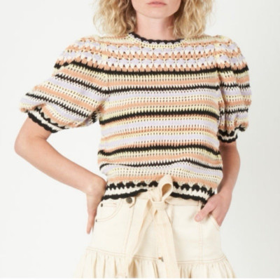 Ulla Johnson Irene Sweater striped cotton puff sleeves  Sz S crochet