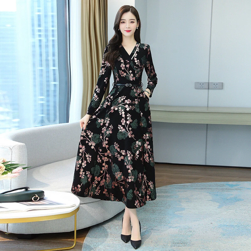 Stylish green floral print long sleeve maxi dresses sale
