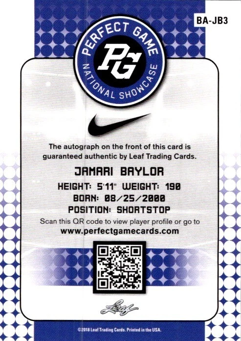 JAMARI BAYLOR 2018 Leaf Perfect Game National Showcase Auto Yellow #/25 #BA-JB3 - Image 2 of 2