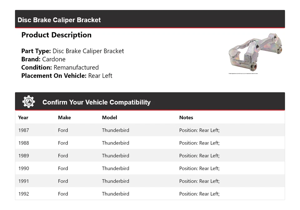Para 1987-1992 Ford Thunderbird suporte de pinça de freio a disco traseiro esquerdo Cardone 1988 - Imagem 2 de 4