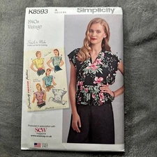 Simplicity K8593 Blouse Pattern 1940s Vintage Reissue 10-20 UNCUT Easy Peplum