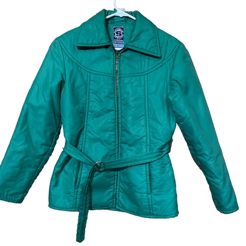Vtg Skitique Womens Sz S Nylon Jacket Full Zip Belted Puffer 70s Retro Snowbunny