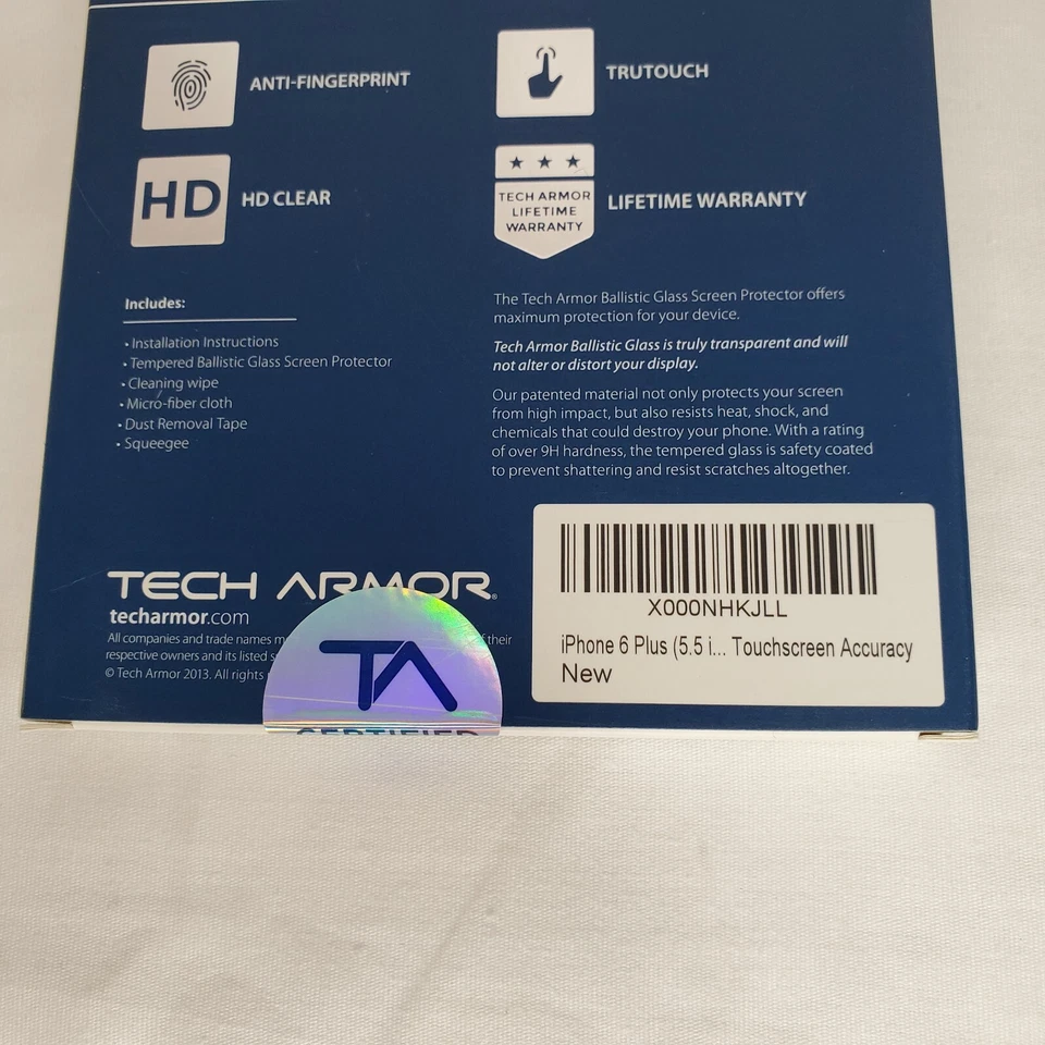 Protector de pantalla de vidrio balístico Tech Armor HD para iPhone 6Plus/6S Plus caja abierta Foto 4 de 4