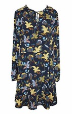 LOFT 8 Dress Navy Blue Yellow Floral Print Flutter Hem Tie Neck Long Sleeve EUC