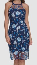 Guess Women's Blue Embroidered Floral Mesh Sheath Dress Size 10