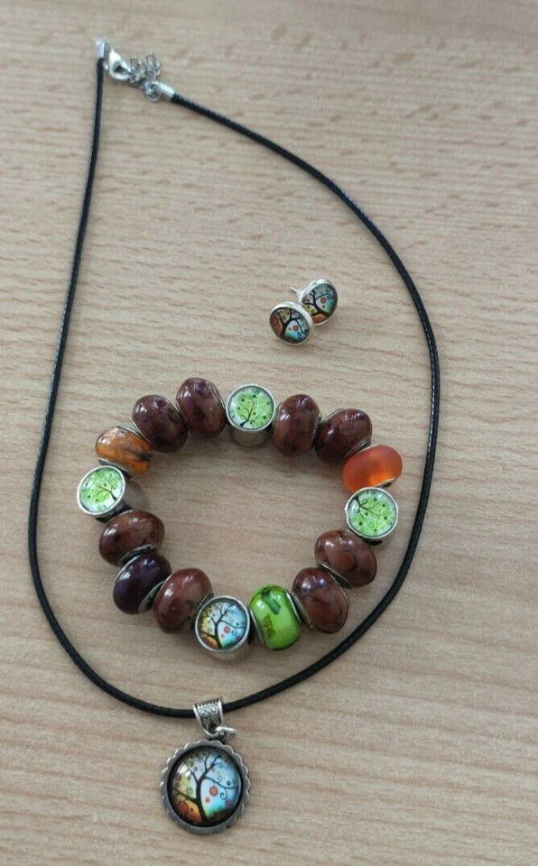 Set Kette Armband Ohrringe Neu Baum Glascabochon 925 er - Bild 3 von 4