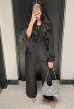 ZARA BLUSA / CAMICIA FLUENTE CON PIUME NERA NUOVA FW23 TAGLIA XS