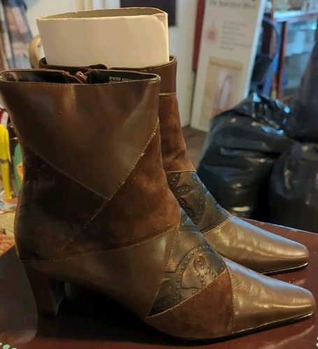 Monzo Franco Oyster Chocolate Leather Pointed Toe Patchwork Ankle Boots 6.5 M - Picture 2 of 8