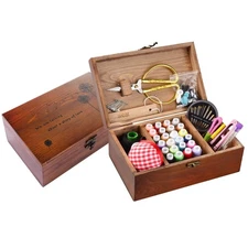 Sewing Kit, Wooden Kit Box for Adults, Retro Brown