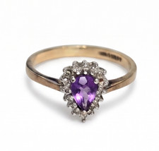 9ct Yellow Gold Amethyst Diamond Ring Size O Hallmark 375 Pear Teardrop Cluster