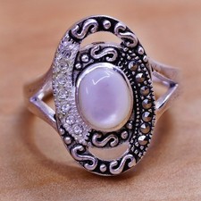 Size 7, vintage Sterling 925 silver handmade ring with moonstone marcasite cz