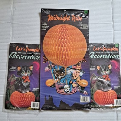 Lot of 3 Vtg Eureka Halloween Honeycomb Center Pieces Black Cat's And Witch 